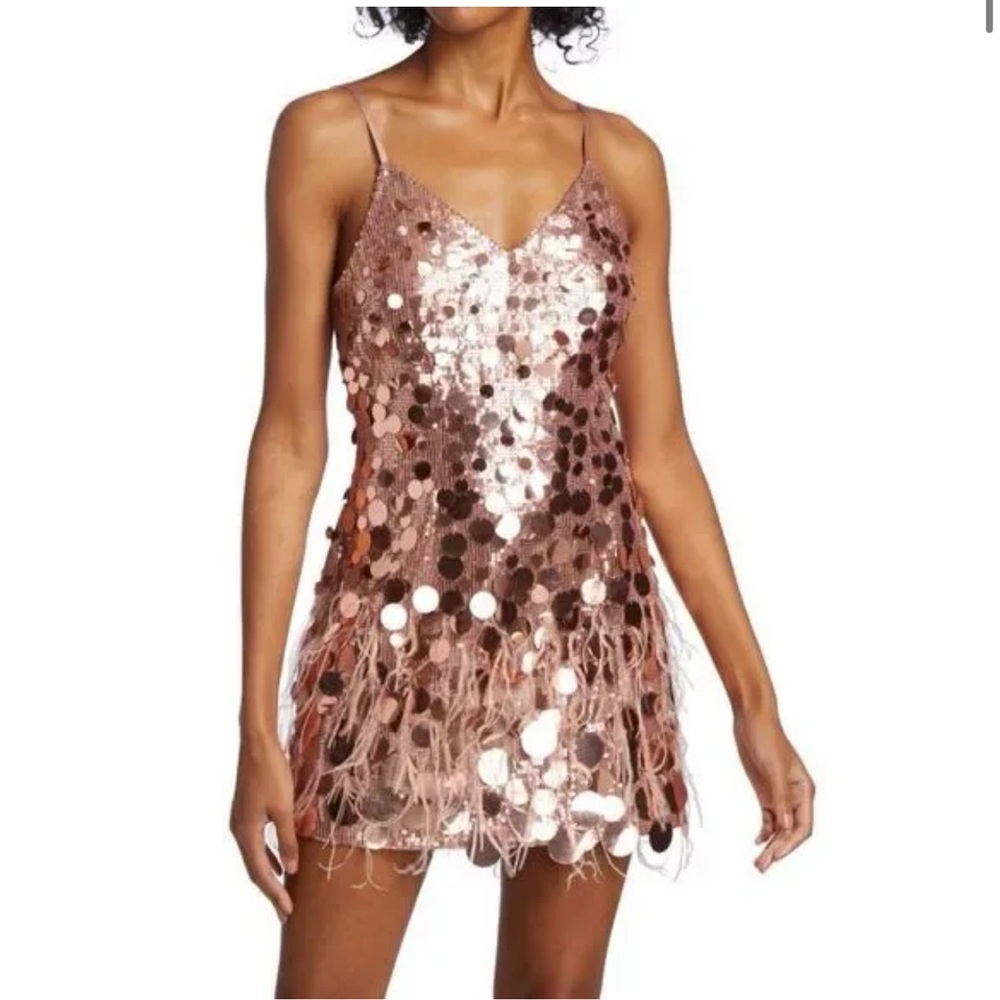 Rina Rose Gold Sequin & Feather mini dress Ramy Brook size 8 - NWT